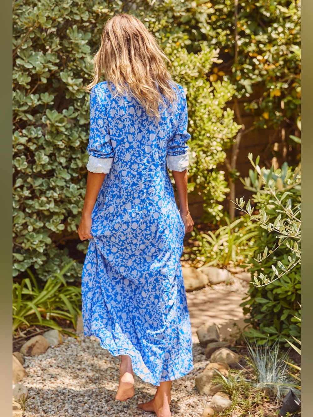 CITRINE LORENA BLUE BLOOMS FLORAL MIDI / MAXI DRESS SZ S - Picture 3 of 8